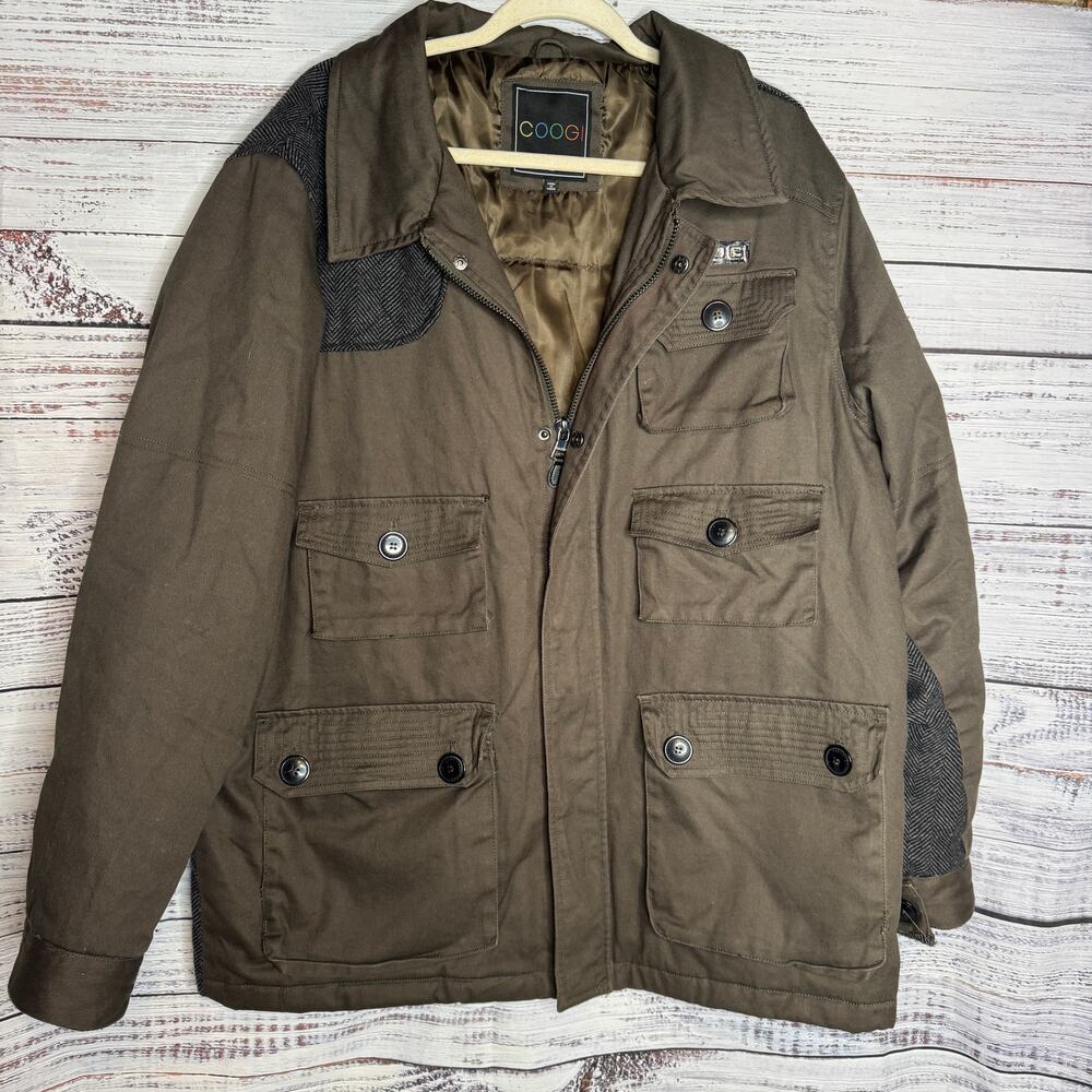 Coogi Men’s XL Brown Utility Jacket Multi Pocket Button Zip Herringbone Back